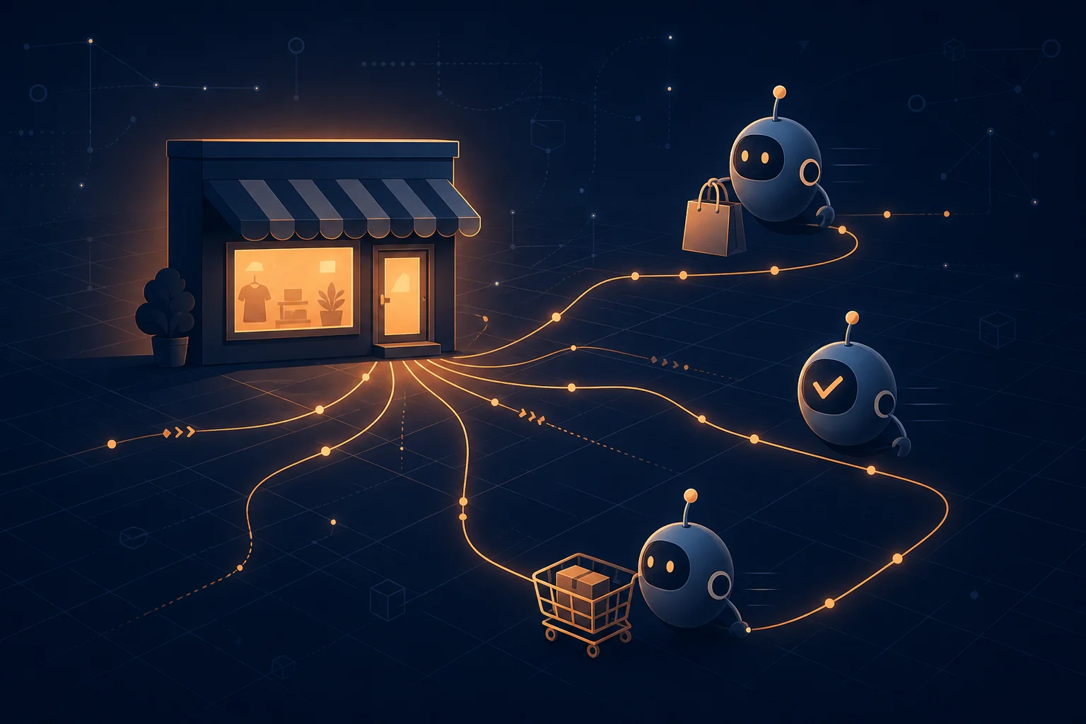 Conceptual illustration of AI shopping agents connecting to a small business storefront through data protocols