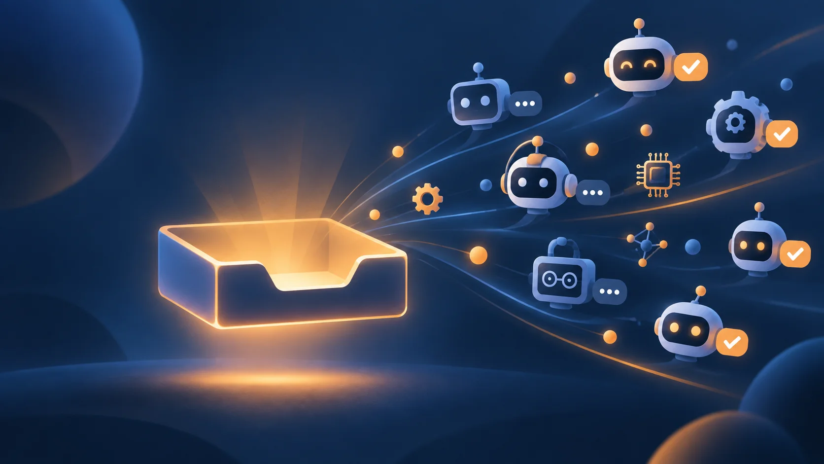 Conceptual illustration of an inbox receiving a stream of AI agent icons each waiting on a pending approval badge, representing a business approval queue for autonomous AI agent work.