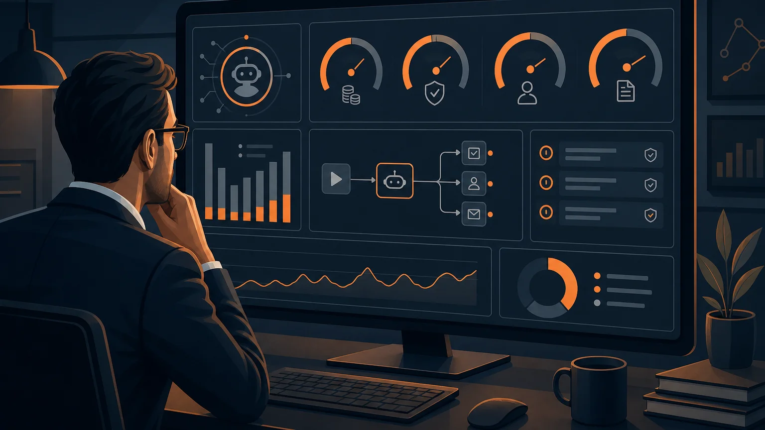 AI agent dashboard showing usage meters, permission settings, and approval controls for a small business