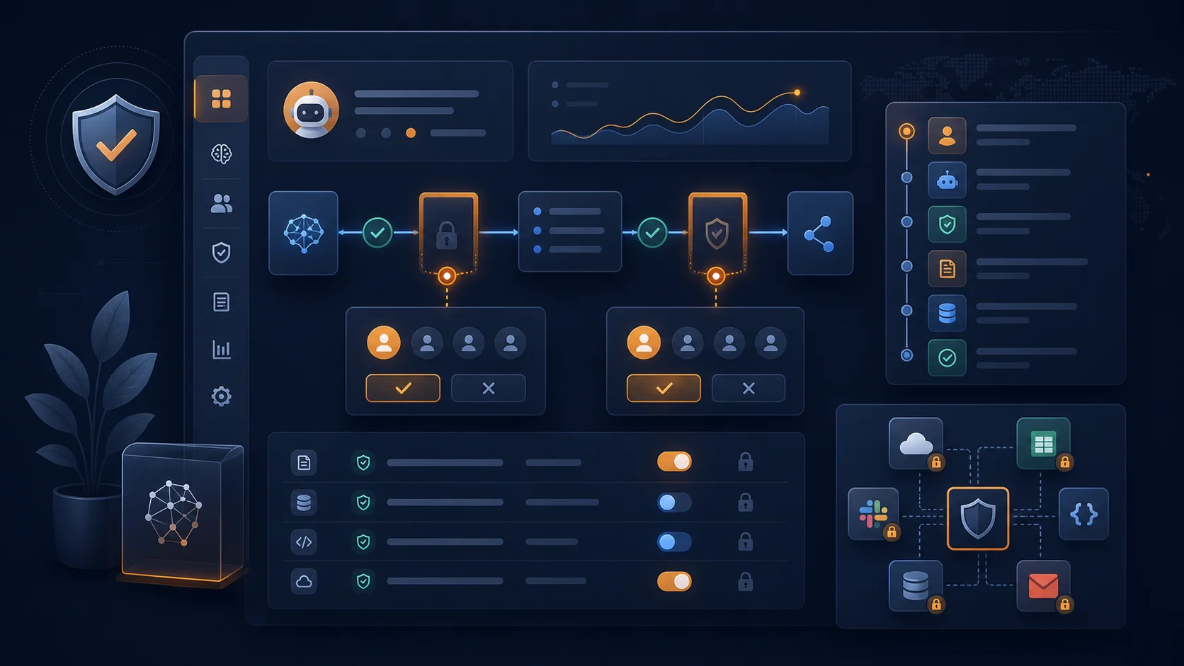 AI agent governance dashboard with approval gates, permissions, audit trails, and cost controls