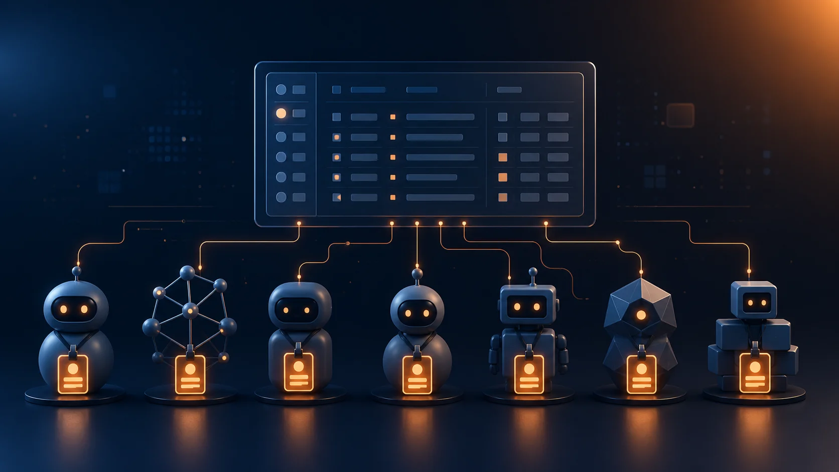 Conceptual illustration of AI agents each carrying their own digital identity badge connected to an audit log