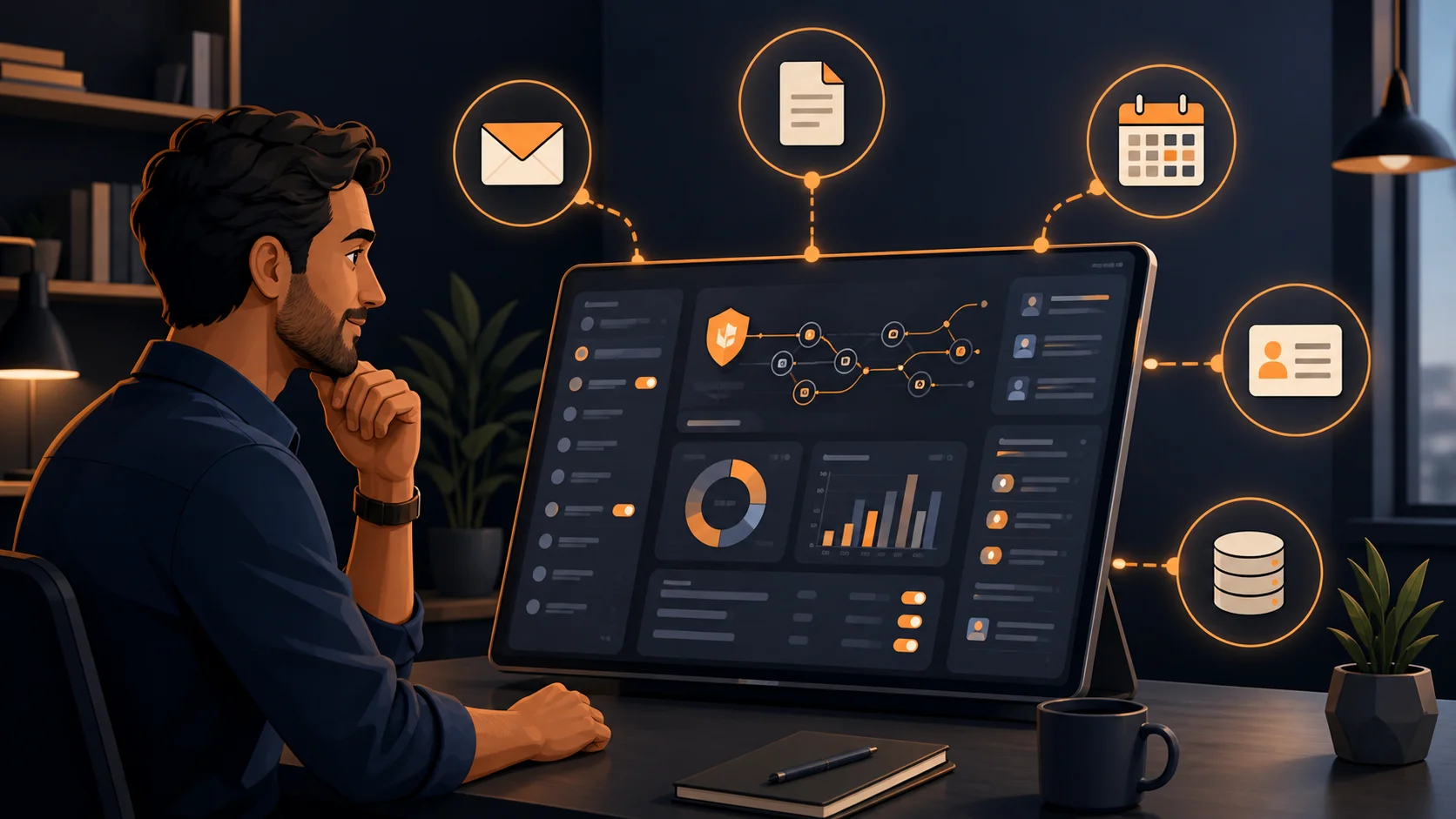 AI agent permission audit dashboard connecting email, files, calendar, CRM, and database tools