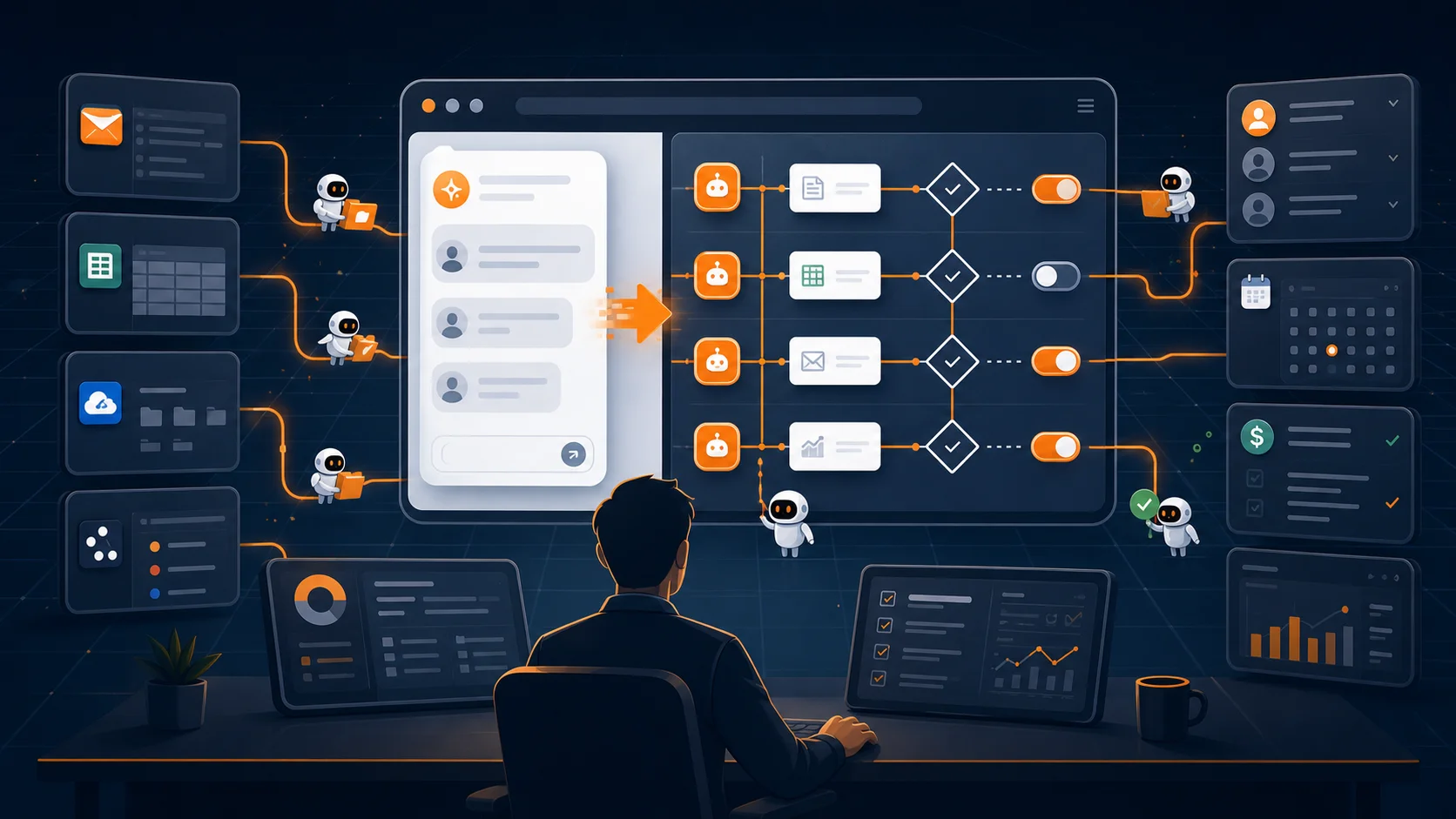 Editorial illustration of AI browser agents connecting business apps under human approval gates