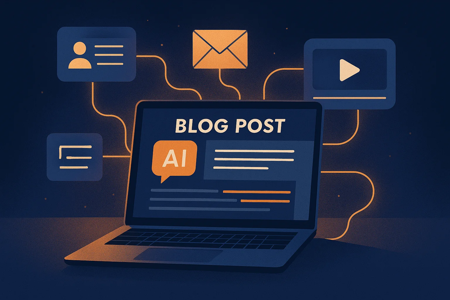 AI-powered content creation workflow showing a laptop with automated blog, email, and social content connected in a seamless system