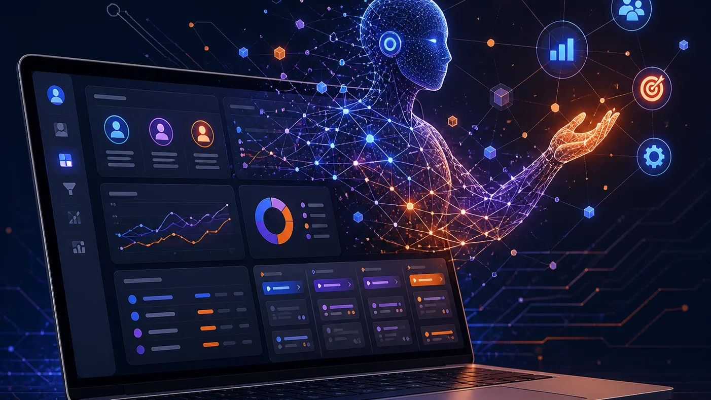 Conceptual illustration of a business software dashboard merging with an AI agent, representing enterprise tools fusing with AI