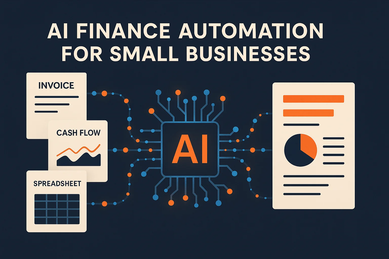AI processing financial data — invoices, charts, and reports flowing through an automated system with glowing data connections