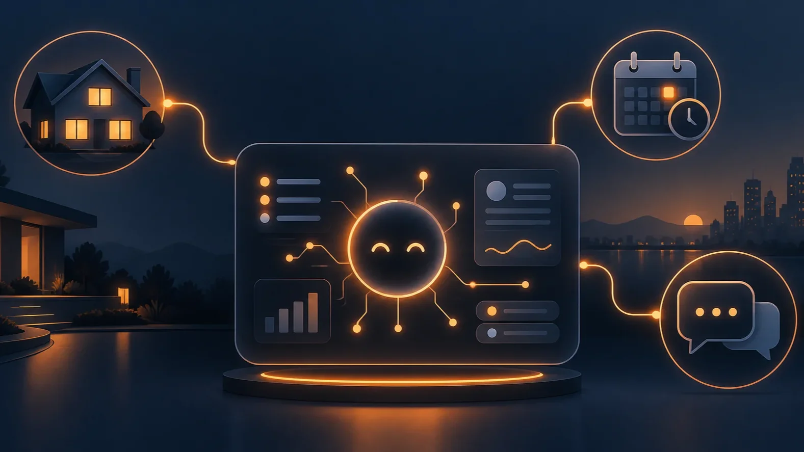 Conceptual illustration of an AI assistant interface connected to a house, a calendar, and a chat bubble, representing automated real estate lead qualification, showing scheduling, and client follow-up.