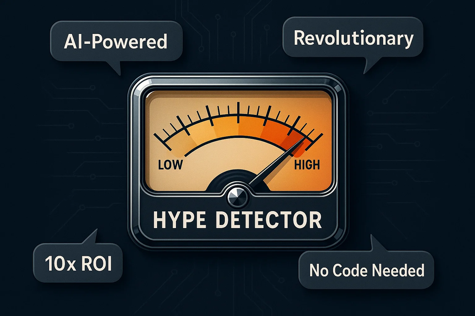 A vintage-style hype detector gauge pinned in the red zone, surrounded by AI vendor buzzwords like AI-Powered, Revolutionary, and 10x ROI