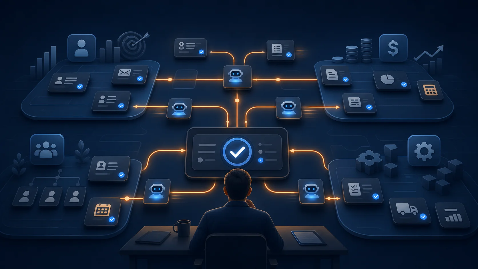 Editorial illustration of small-business workflows being redesigned around AI task delegation and human approval gates