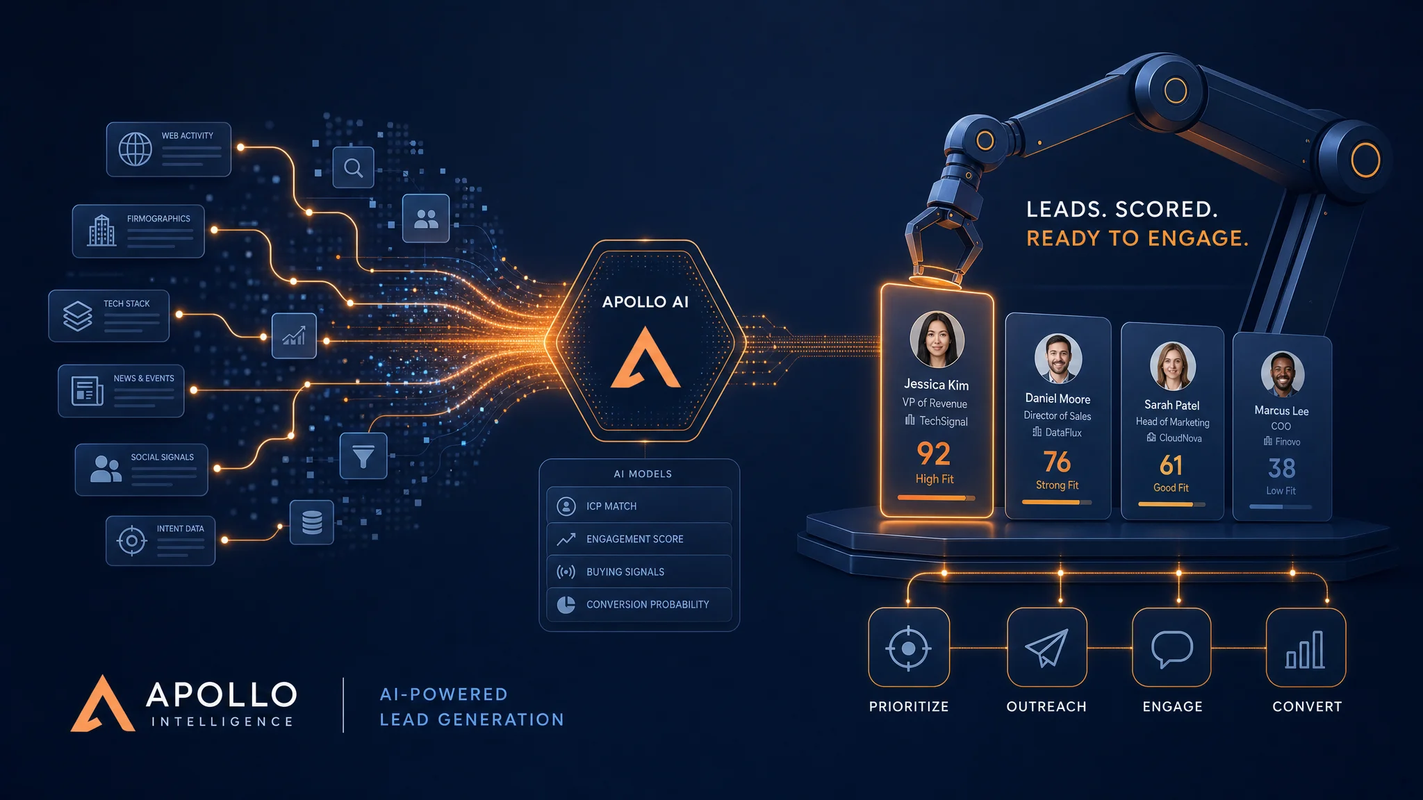 AI-powered lead generation system — glowing data pipelines sorting and scoring prospect profiles on a dark navy background with orange accents