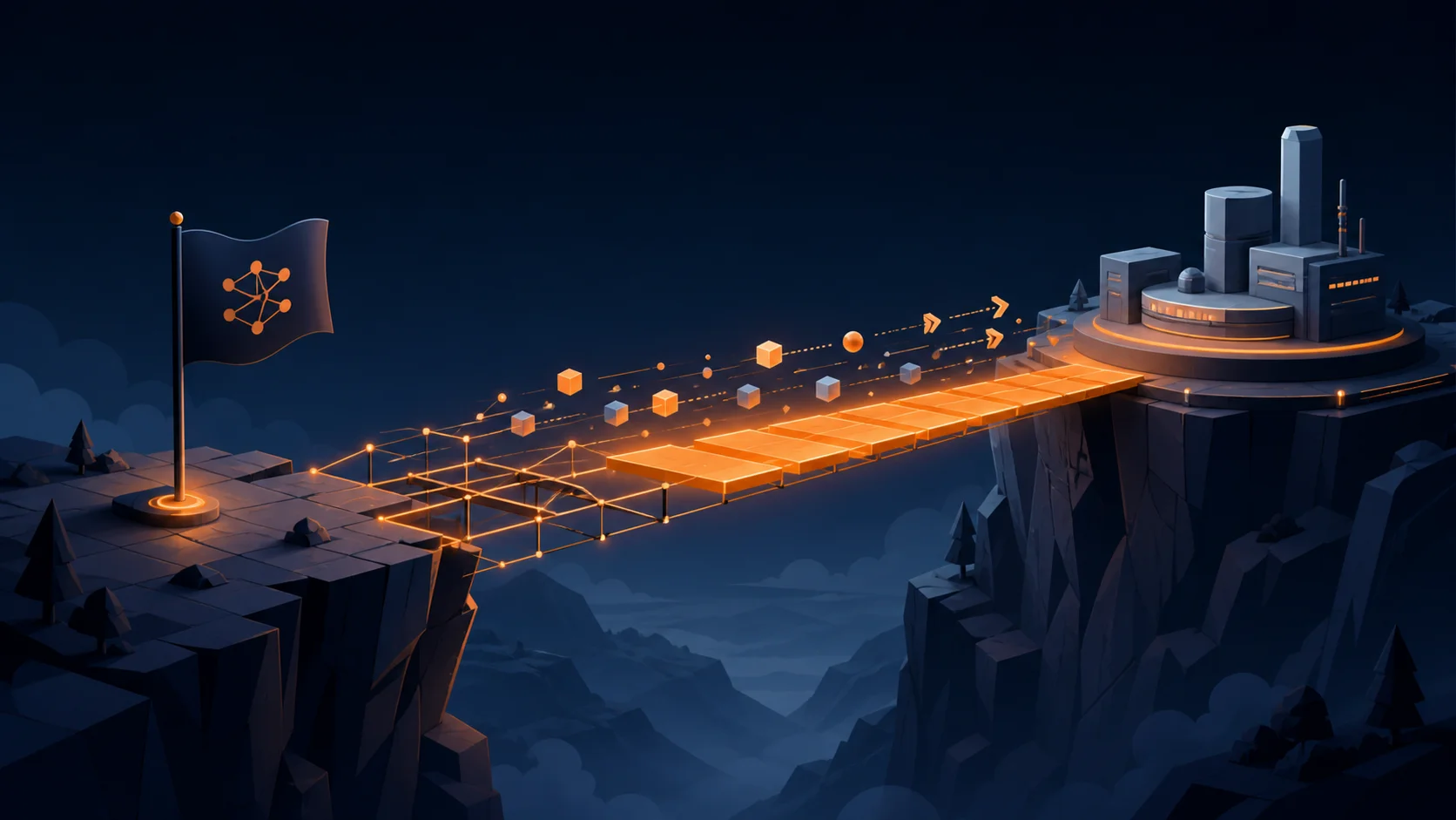 Editorial illustration of a glowing bridge crossing a dark valley, connecting a small AI pilot flag to a production platform on the far side