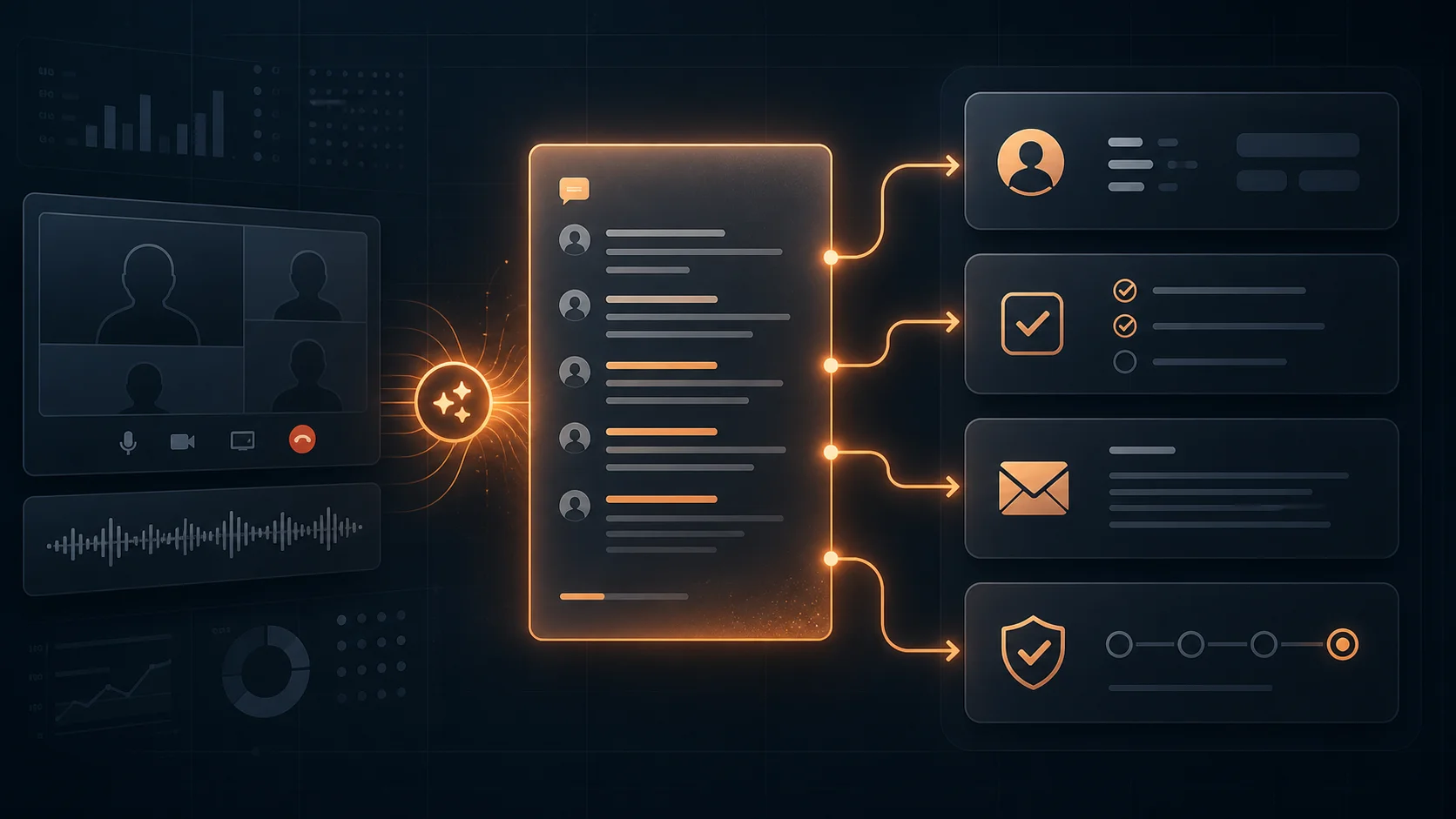 AI workflow turning a meeting transcript into CRM updates, task checklists, email drafts, and approval checkpoints