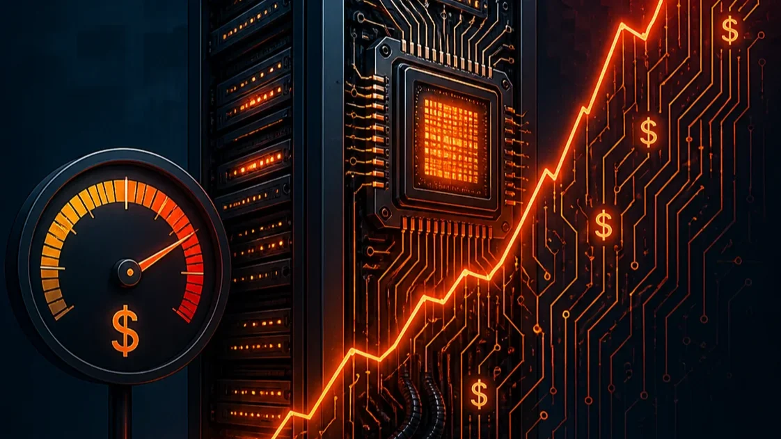 Conceptual illustration of a server rack and rising cost meter representing increasing AI infrastructure and subscription costs