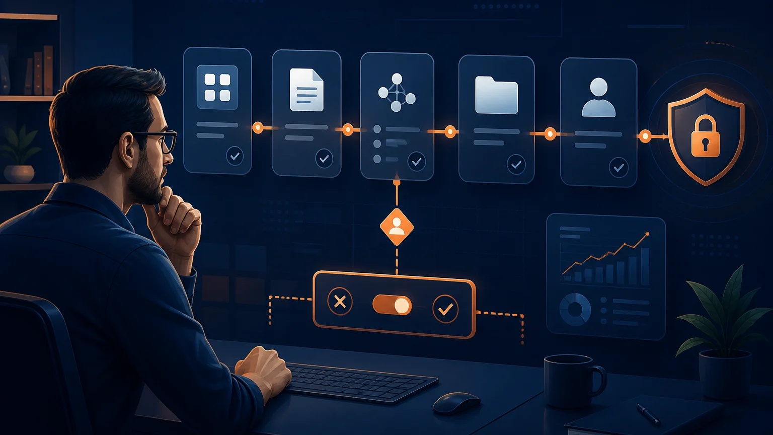 A business owner reviewing an AI activity timeline with app, file, privacy, and approval controls