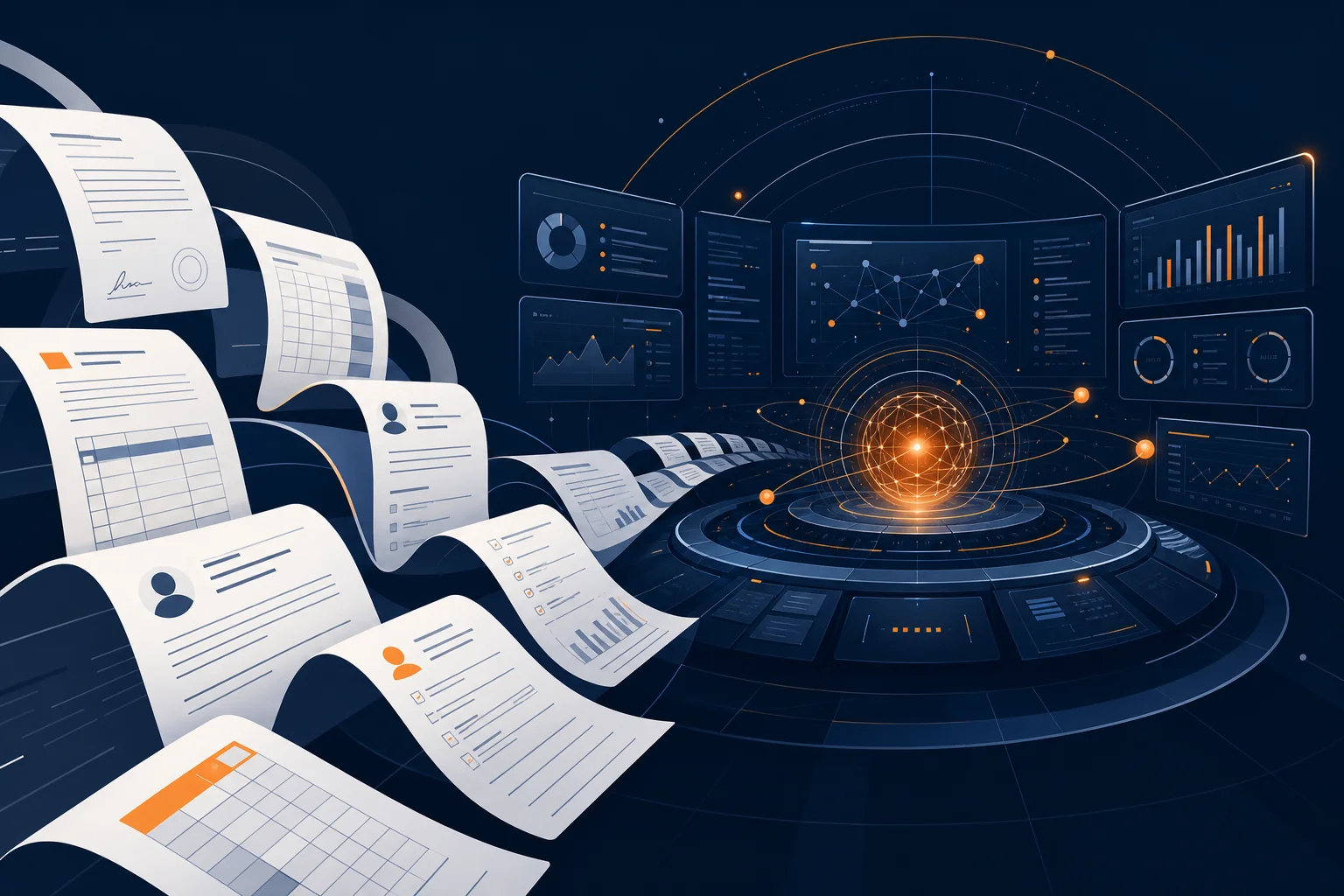 Editorial illustration of business documents flowing into an AI command center for long-context analysis