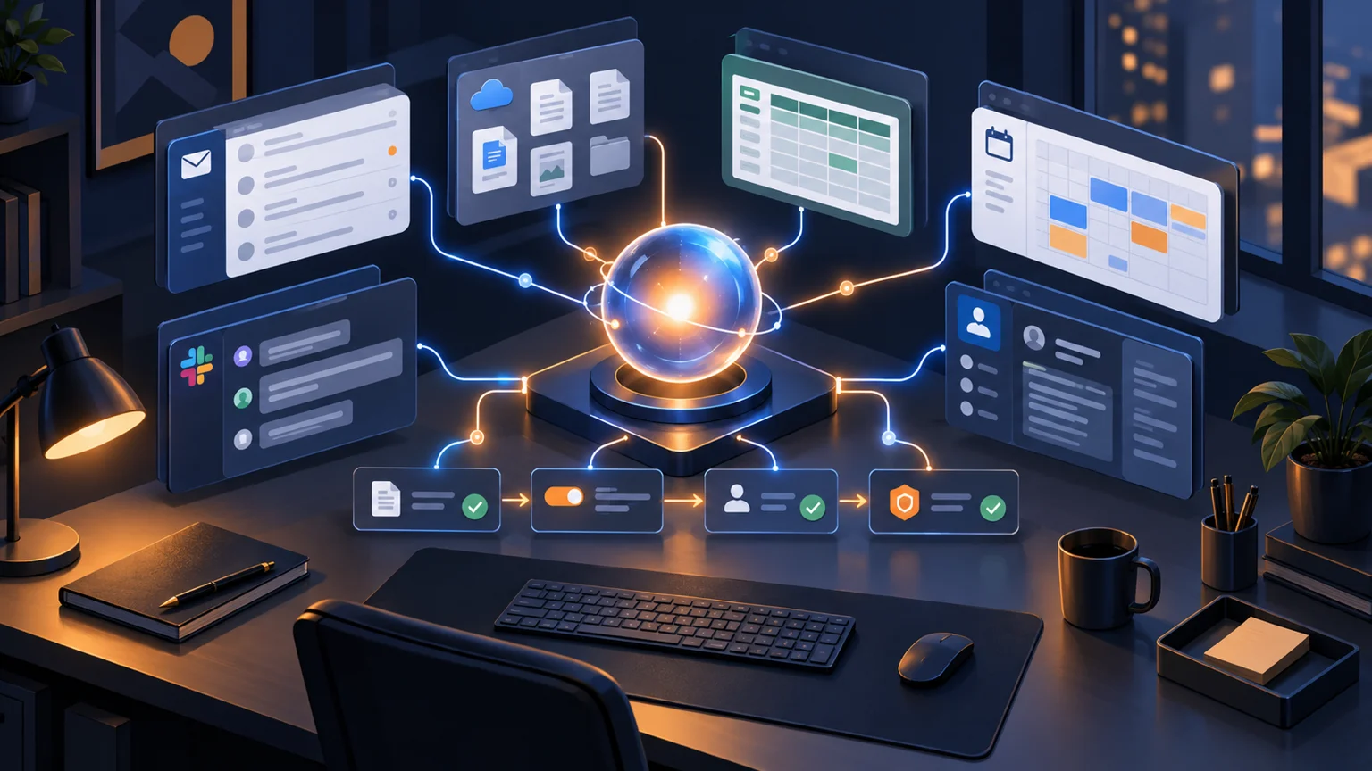 Universal AI work agent coordinating documents, email, calendar, chat, CRM, and approval gates