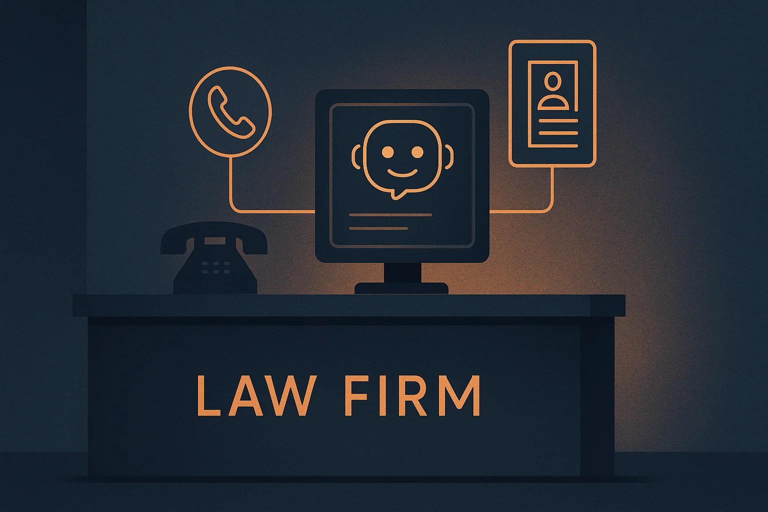 AI agents handling law firm client intake — automated reception interface on a dark navy background