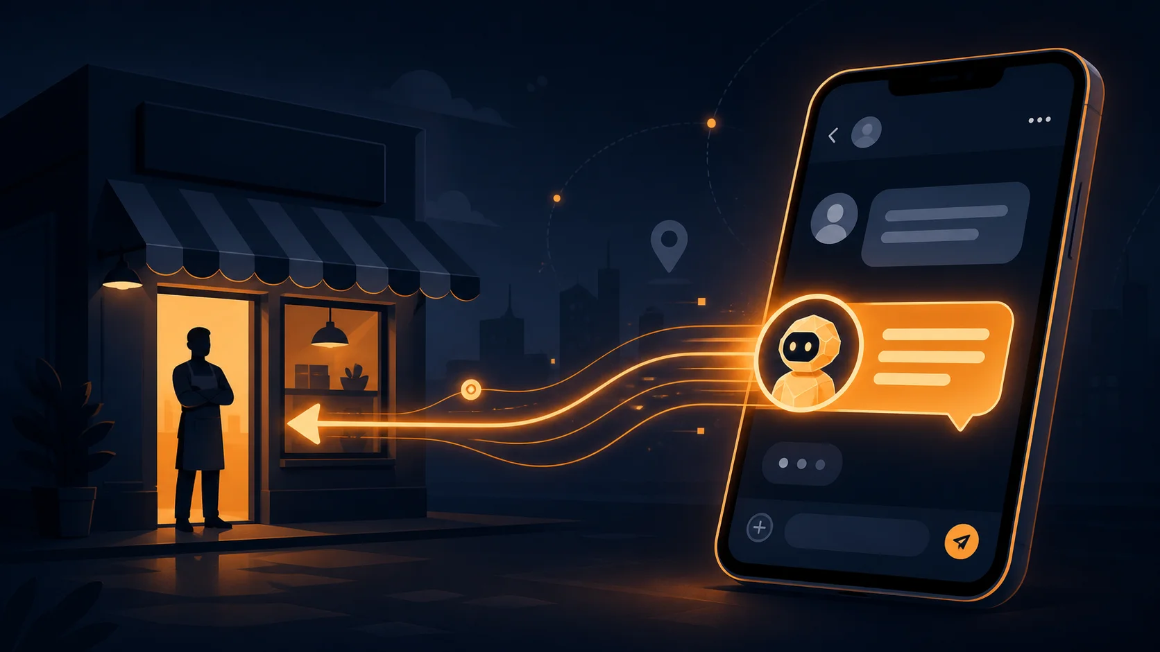 Conceptual illustration of a customer's AI agent on a smartphone sending a booking request through Instagram and WhatsApp to a small storefront