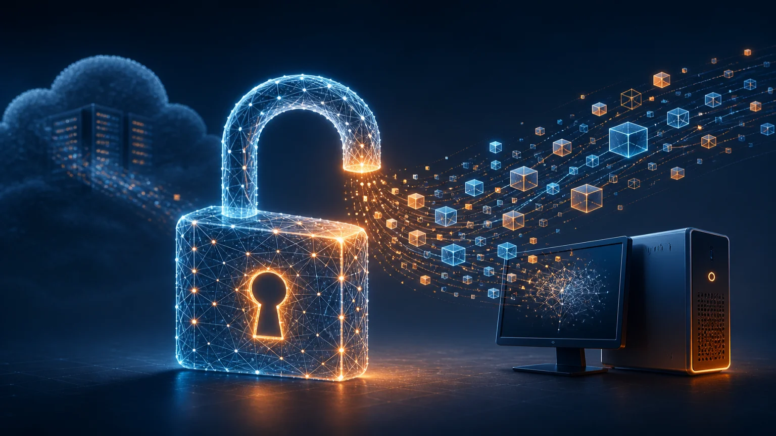 Conceptual illustration of a glowing open padlock made of neural network nodes unlocking a stream of data flowing into a local desktop computer, representing an open-weight AI model running outside the cloud