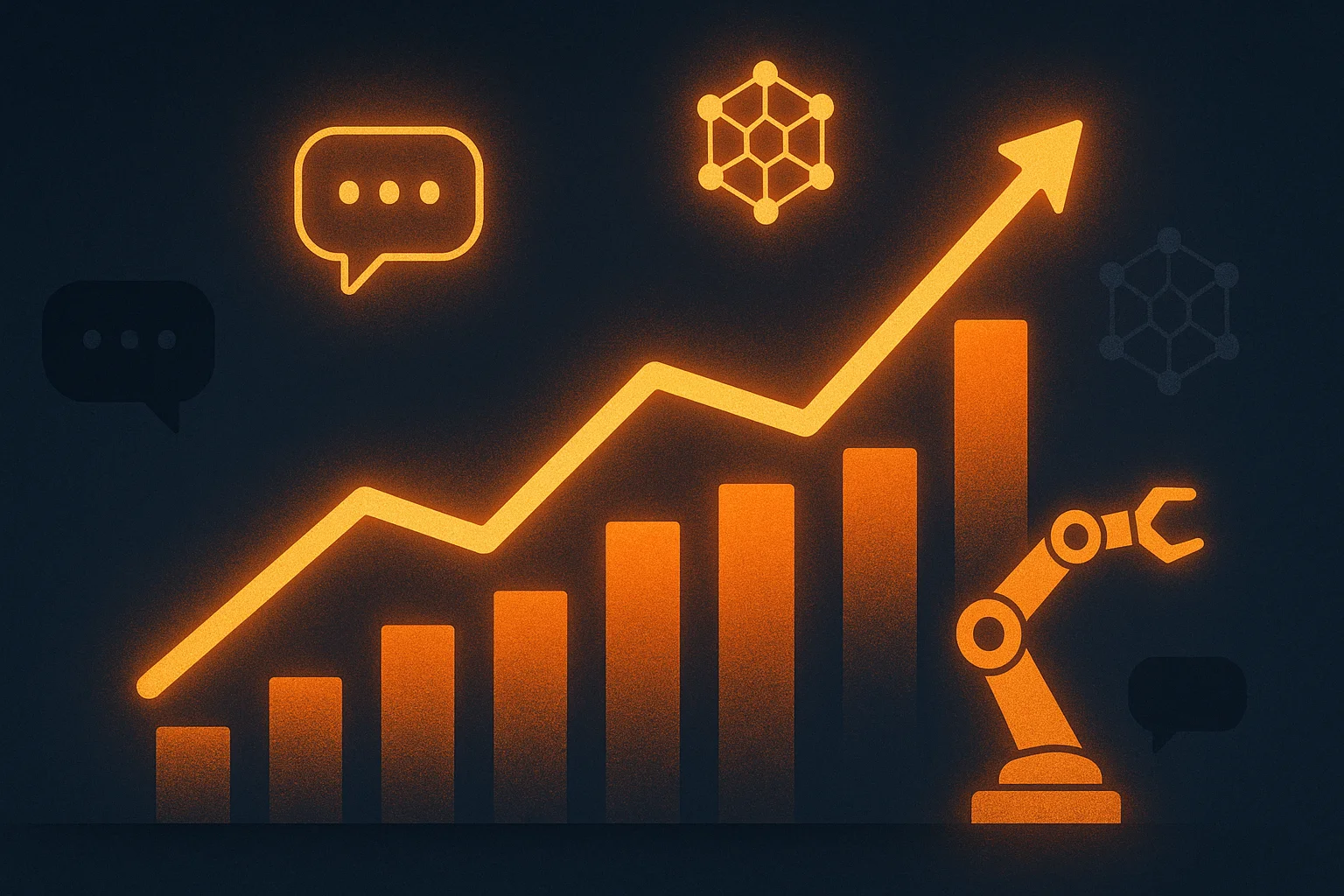 Abstract data visualization showing AI winners and losers in mid-2026 with dark navy and orange color scheme