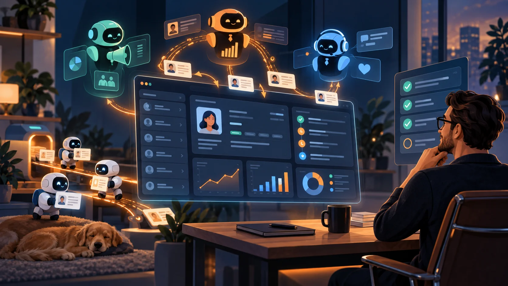 Self-updating CRM dashboard with AI agents routing sales, marketing, and customer service tasks through approval gates