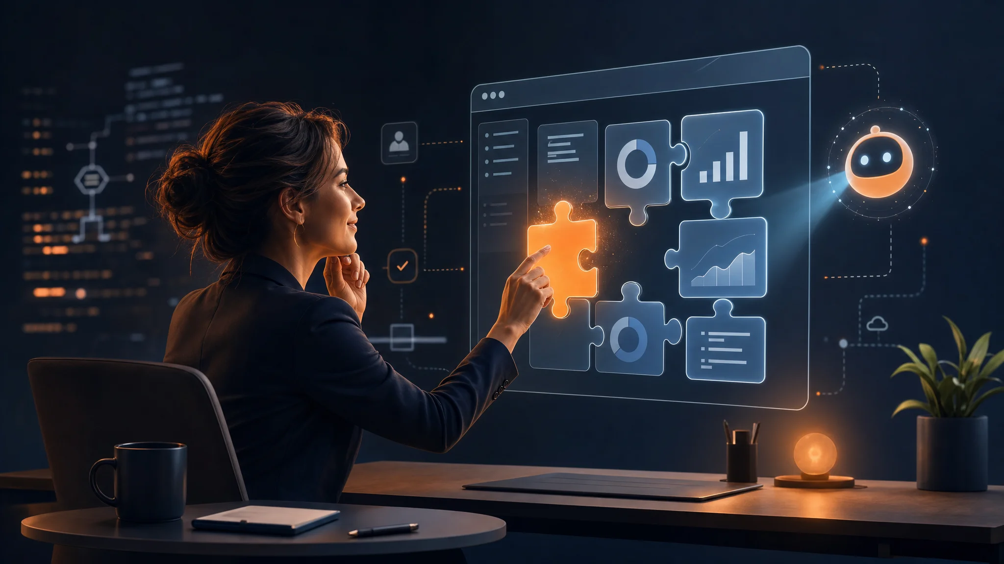 A business owner at a desk using an AI interface to assemble a custom software dashboard from glowing puzzle pieces — dark navy background with orange accent lighting