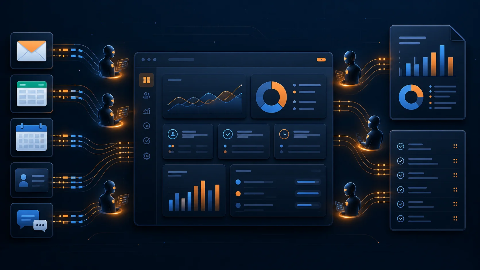 Editorial illustration of AI workspace agents connecting business apps, reports, calendars, CRM, and task queues